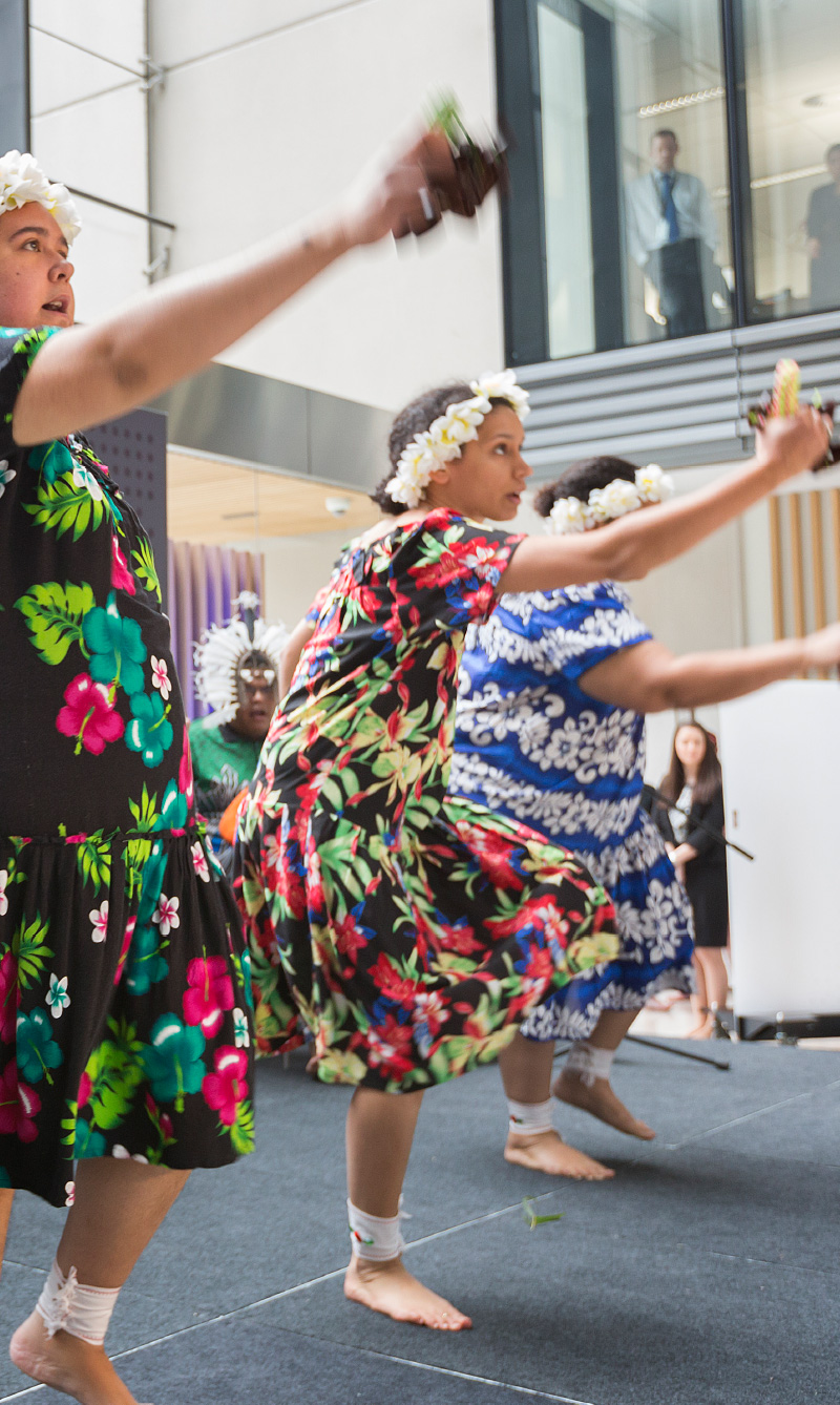 Torres Strait Islander dancers perform at the opening of the Finance offices at One Canberra Avenue.