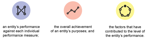 an entity's performance against each individual performance measure; the overall achievement of an entity's purposes; and the factors that have contributed to the level of the entity's performance.