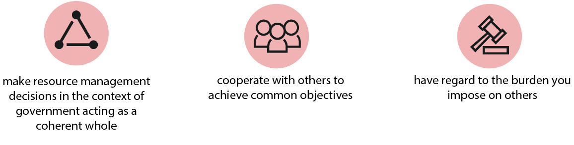Make resource management decisions in the context of government acting as a coherent whole, cooperate with others to achieve common objectives, and have regard to the burden you impose on others.
