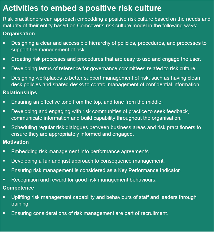 Activities to embed a positive risk culture