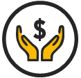 Icon of two hands open with a dollar sign in the middle inside a circle