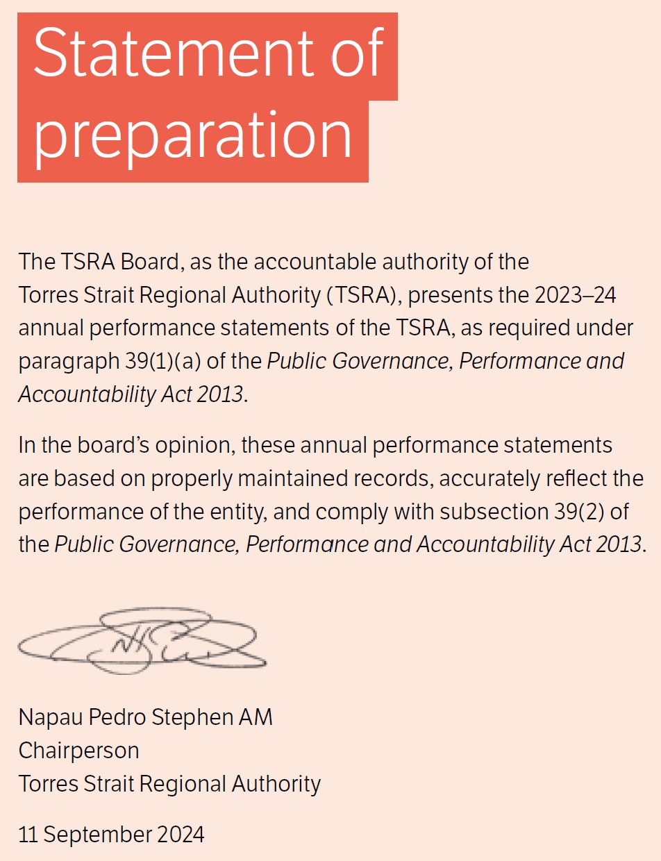 Statement of Preparation from the Torres Straight Regional Authority's 2023-24 Annual Report