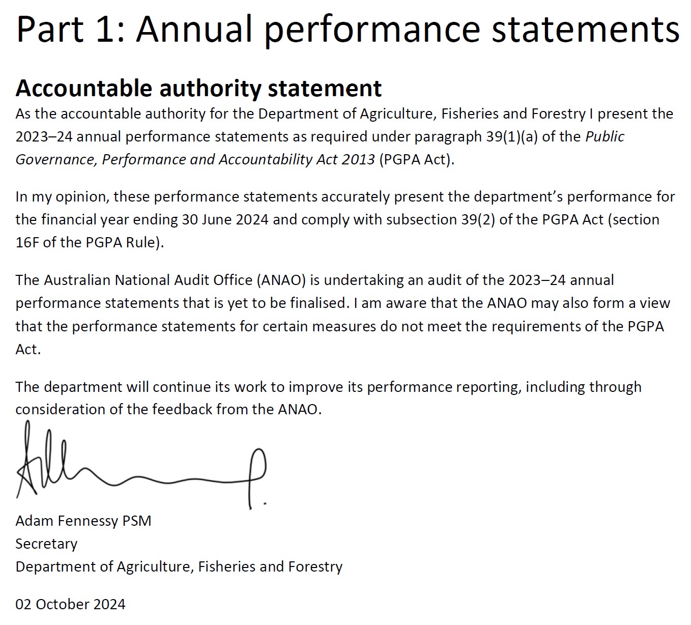 Accountable authority statement from the Department of Agriculture, Fisheries and Forestry 2023-24 Annual Report