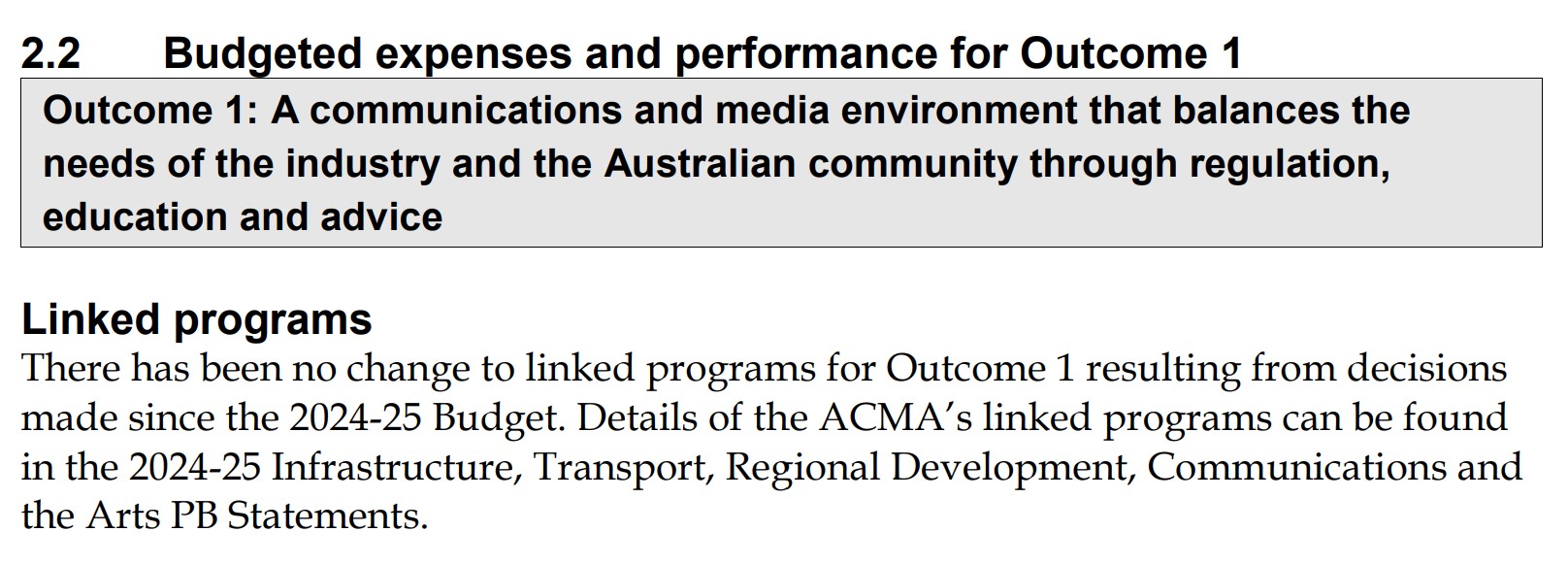 Screenshot from Section 2 of the 2024–25 Australian Communications and Media Authority PAES outlining that there have been no changes to linked programs for Outcome 1 resulting from decisions made since the 2024–25 Budget.