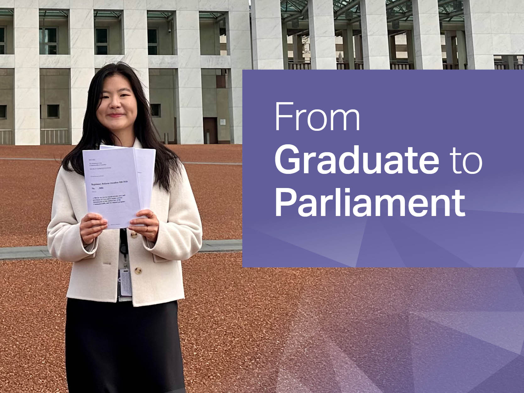 Rita stands in front of Parliament house