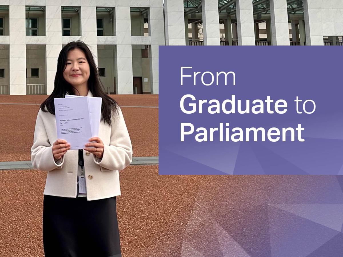 Rita stands in front of Parliament house